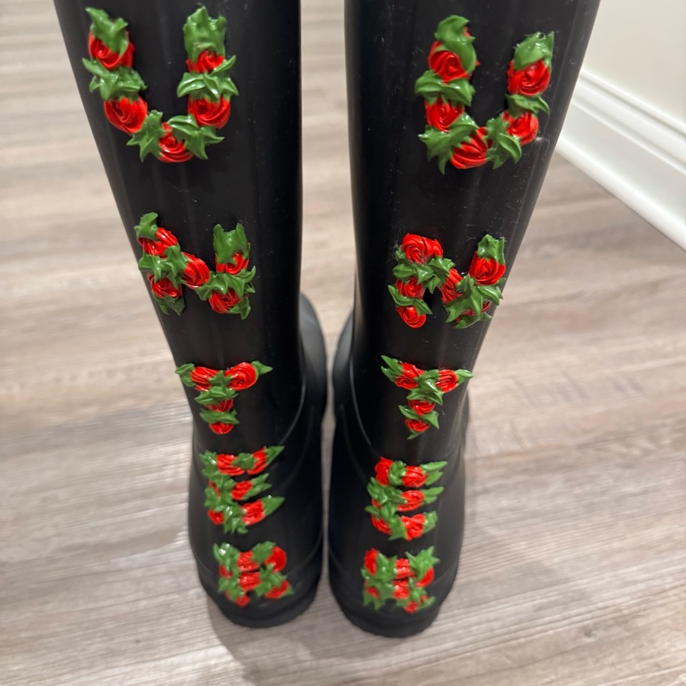 Hunter X Club Bum Boot Original Tall Black Rose Floral Logo Back Rain Boots - Picture 8 of 12